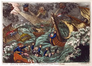 Koniec inwazji irlandzkiej – lub – Zniszczenie francuskiej Armady”, James Gillray 1797. Francuskie okręty rozbite podczas sztormu wysadzone przez Pitta w lewym górnym rogu i jego ministrów. Charles James Fox i jego sojusznicy z opozycji grozi utonięciem. autorstwa James Gillray