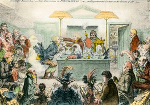 Angielska satyra na naukę: nowe odkrycia w materiałach pneumatycznych. Satyryczny czerpiący z entuzjazmu dla konferencji naukowych w XIX wieku. Grawerowanie Jamesa Gillraya (1757-1815) autorstwa James Gillray