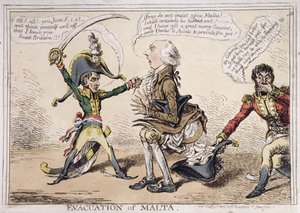 Ewakuacja Malty, opublikowana przez Hannah Humphrey w 1803 r. (akwaforta ręcznie kolorowana)