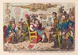 Generałowie francuscy odchodzą w stan spoczynku ze względu na stan zdrowia: - z Lepaux przewodniczy w Dyspenserii Dyrektorialnej, wyd. 1799 (ręcznie kolorowane grawerowanie)