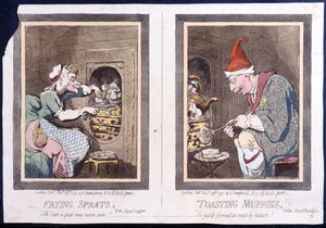 Frying Sprats, or Royal Supper, and Toasting Muffins, or Royal Breakfast, wydana przez Hannah Humphrey w 1791 roku (akwaforta ręcznie kolorowana)
