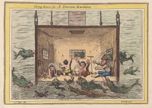 Zejście w maszynie do nurkowania, pub 1801 (ręcznie barwiony grawerunek) autorstwa James Gillray
