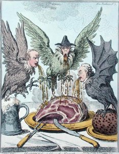 Harpyes Destroying the Feast, wydane przez Hannah Humphrey w 1799 (akwaforta ręcznie kolorowana) autorstwa James Gillray