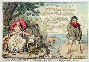 Okropności Unii Irlandzkiej: Botheration of Poor Pat, or A Whisper across the Channel, opublikowane przez Hannah Humphrey w 1798 roku (akwaforta ręcznie kolorowana) autorstwa James Gillray