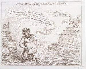 John Bull oferujący grę fair play w Little Boney, opublikowany przez Hannah Humphrey w 1803 r.