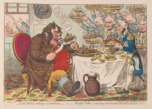 John Bull jedzący śniadanie lub brytyjscy kucharze wpychający Old Gruumble Gizzard z Bonne Chere, pub 1798 (ręcznie kolorowane grawerowanie)