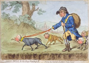 John Bull i jego pies Faithful, opublikowane przez Hannah Humphrey w 1796 roku (akwaforta ręcznie kolorowana)