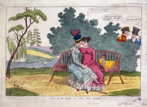 Lady Strachan i Lady Warwick kochają się w parku, podczas gdy ich mężowie przyglądają się temu z dezaprobatą. autorstwa James Gillray