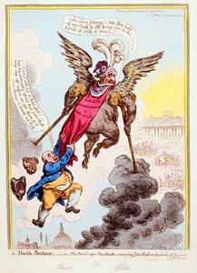 Le Diable-Boiteux, czyli diabeł na dwóch patykach transportujący Johna Bulla do ziemi obiecanej, wyd. Hannah Humphrey w 1806 r. (akwaforta ręcznie kolorowana)