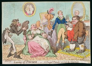 Leaving off Powder, czyli oszczędna rodzina ratująca Gwineę, opublikowana przez Hannah Humphrey w 1795 r. (akwaforta ręcznie kolorowana)