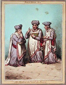Les Membres du Conseil des Anciens, tablica 2 z „French Habits”, wydana przez Hannah Humphrey w 1798 (kolorowa akwaforta) autorstwa James Gillray