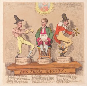 Les Trois Magots, wyd. 1791 (grawerowanie ręcznie kolorowane) autorstwa James Gillray