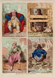 Towary krajowe. (opis i porównanie toalet w Anglii, Szkocji, Francji i Holandii). Dzieło Jamesa Gillraya (1757-1815), rycina i akwarela autorstwa James Gillray