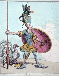 Mars, opublikowana przez Hannah Humphrey w „Nowym Panteonie” 1799 (akwaforta ręcznie kolorowana) autorstwa James Gillray