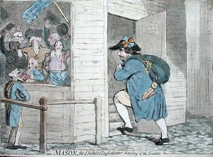 Mason, książęcy cukiernik pozbywający się drobiazgów, opublikowany przez Hannah Humphrey w 1788 r. (akwaforta ręcznie kolorowana) autorstwa James Gillray
