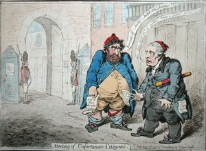 Spotkanie niefortunnych mieszkańców, wydane przez Hannah Humphrey w 1798 r. (akwaforta ręcznie kolorowana) autorstwa James Gillray