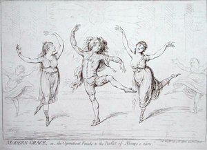 Modern Grace, czyli operowy finał baletu Alonzo e caro, wydany przez Hannah Humphrey w 1796 r. (pióro i atrament na papierze) autorstwa James Gillray