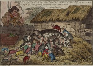 Więcej świń niż smoczków, czyli nowy miot głodnych trepek, wysysających na śmierć starą maciorkę Johna Bulla, 9 maja autorstwa James Gillray