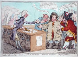 Otwarcie budżetu, czyli John Bull oddający bryczesy, by uratować swój Bacon, opublikowany przez Hannah Humphrey w 1796 r. (akwaforta ręcznie kolorowana) autorstwa James Gillray