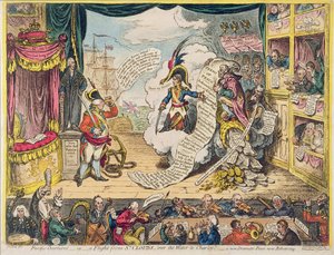 Pacific-Overtures, czyli lot z St. Clouds „nad wodą do Charley” – nowy dramatyczny Peace now Rehearsing, opublikowany przez Hannah Humphrey w 1806 r. (akwaforta ręcznie kolorowana)