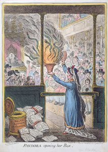 Pandora Opening her Box, opublikowana przez Hannah Humphrey, 1809 (akwaforta ręcznie kolorowana)