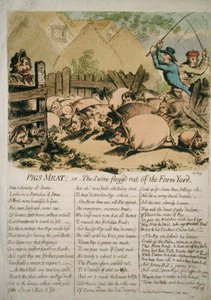 Mięso świni, czyli świnia wychłostane z podwórka, opublikowane przez Hannah Humphrey w 1798 r. (akwaforta ręcznie kolorowana) autorstwa James Gillray
