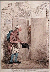 Szkoda smutków biednego starego człowieka, wydana przez Hannah Humphrey w 1796 r. (akwaforta ręcznie kolorowana) autorstwa James Gillray