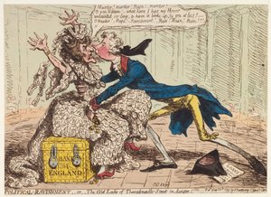 Polityczne szaleństwo, czyli Stara Dama z Threadneedle Street w niebezpieczeństwie!, 1797 autorstwa James Gillray