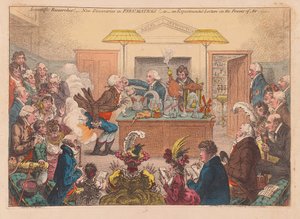 Badania naukowe! Nowe odkrycia w Pneumatykach! Albo wykład eksperymentalny na temat Powers of Air, wyd. 1802 (grawerowanie ręcznie kolorowane) autorstwa James Gillray