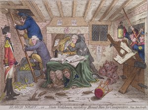 Search Night, czyli The State Watchmen Mistaking Honest-men for Conspiraators, opublikowana przez Hannah Humphrey w 1798 r. (akwaforta ręcznie kolorowana)