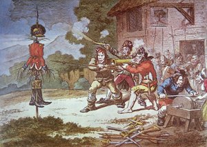 Towarzystwo Zjednoczonych Irlandczyków w szkoleniu przeciwko armii brytyjskiej autorstwa James Gillray
