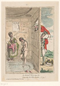 Spotprent na Sir Richard Worsley Sir Richard gorzej niż przebiegły, obnażając tyłek swojej żony; -o wuj! (tytuł na obiekcie) autorstwa James Gillray
