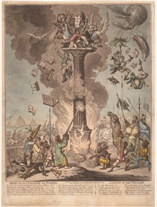 Karykatura francuskiej wyprawy do Egiptu, 1799 Siege de la Colonne de Pompee / Nauka pod pręgierzem (tytuł na obiekcie) autorstwa James Gillray