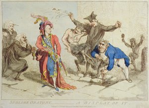 Sublime Oration: A Display of It, opublikowana przez T. Harmara w 1788 r. (akwaforta ręcznie kolorowana) autorstwa James Gillray