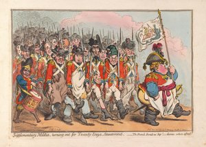 Milicja uzupełniająca, zgłaszająca się do Twenty Days Amusement, wyd. 1796 (grawerowanie ręcznie kolorowane) autorstwa James Gillray