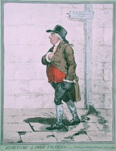 Symptomy głębokiego myślenia, opublikowane przez Hannah Humphrey w 1800 roku (akwaforta ręcznie kolorowana) autorstwa James Gillray