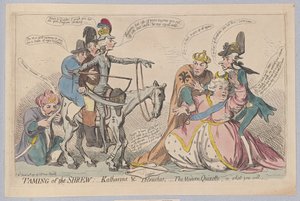 Poskromienie złośnicy: Katherine i Petruchio; Modern Quixotte, czyli jak wolisz, pub. 1791 (grawerowanie ręcznie kolorowane)