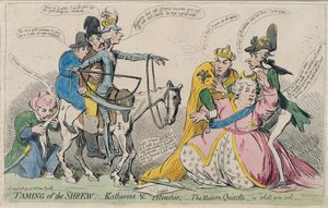 Poskromienie złośnicy: Katherine und Petruchio, czyli Współczesny Kichot, wyd. S.W. Fores w 1791 (akwaforta ręcznie kolorowana)