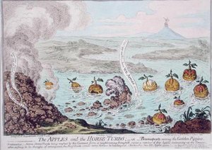 The Apples and the Horse-Turds lub Buonaparte Among the Golden Pippins, opublikowane przez Hannah Humphrey w 1800 roku (akwaforta ręcznie kolorowana) autorstwa James Gillray