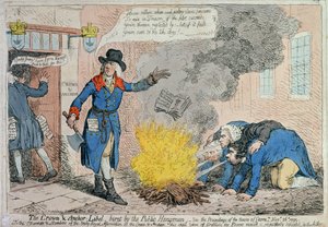 The Crown and Anchor Libel spalony przez publicznego kata, wydany przez Hannah Humphrey w 1795 r. (akwaforta ręcznie kolorowana) autorstwa James Gillray
