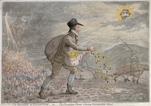 Generae of Patriotism lub The Bloomsbury Farmer sadzący pszenicę Bedfordshire, opublikowana przez Hannah Humphrey w 1796 r. (akwaforta ręcznie kolorowana)