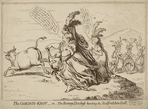 The Gordon Knot lub The Bonny-Duchess Hunting the Bedfordshire Bull, opublikowany 29 kwietnia 1797 (akwaforta na papierze tkanym) autorstwa James Gillray