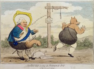 The Kettle Hooting the Porridge-Pot, opublikowany przez PJ Leatherhead w 1782 r. (akwaforta ręcznie kolorowana)
