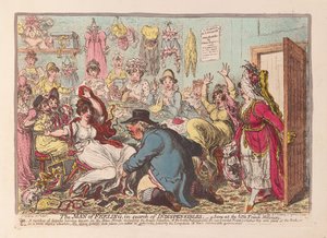 Człowiek uczuciowy w poszukiwaniu niezbędnych rzeczy; scena w małych francuskich Milliners, wyd. 1800 (ręcznie kolorowe grawerowanie)