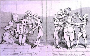 The Minister In - The Minister Out, opublikowany przez Williama Humphreya w 1782 r. (akwaforta) autorstwa James Gillray
