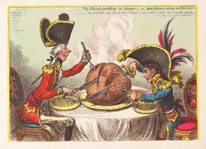 Pudding śliwkowy w niebezpieczeństwie lub State Epicures biorący un Petit Souper, wyd. 1805 (grawerowanie ręcznie kolorowane)