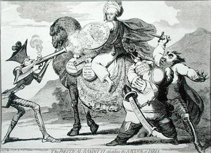The Political Banditti Assailing the Saviour of India, opublikowana przez W. Hollanda w 1786 r. (akwaforta) autorstwa James Gillray