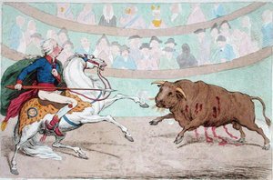 The Royal Bull-Fight, opublikowana przez Hannah Humphrey w 1795 (akwaforta ręcznie kolorowana) autorstwa James Gillray