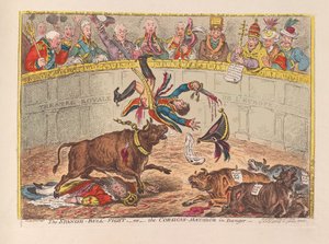 Hiszpańska walka byków lub korsykański Matador w niebezpieczeństwie, wyd. 1805 (grawerowanie ręcznie kolorowane)
