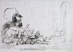 The Westminster Hunt, opublikowane przez 1788 (akwaforta ręcznie kolorowana) autorstwa James Gillray